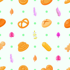 Seamless Pattern Abstract Elements Food Bread With Leaves Vector Design Style Background Illustration Texture For Prints Textiles, Clothing, Gift Wrap, Wallpaper, Pastel