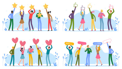 Customer people feedback review, best choice set vector illustration. Cartoon woman man client characters holding in hand five rating stars, like hearts to rate quality of experience isolated on white