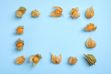 Ripe physalis fruits with dry husk on light blue background, flat lay. Space for text