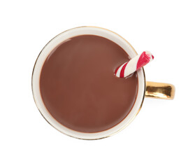 Cup of delicious hot chocolate candy cane isolated on white, top view