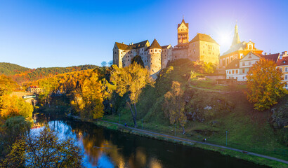 Colorful town Loket in autumn over Eger river in the Sokolov District in the Karlovy Vary region of...