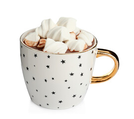 Cup of delicious hot chocolate with marshmallows isolated on white