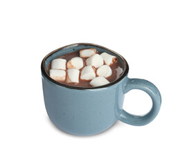 Cup of delicious hot chocolate with marshmallows isolated on white