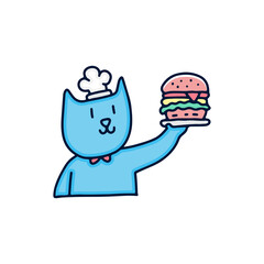 Cute cat with chef hat bringing burger illustration. Vector graphics for t-shirt prints and other uses.