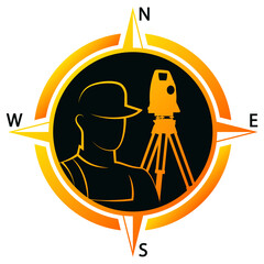 Wind rose and surveying instrument symbol. Land surveying and geodetic works - obrazy, fototapety, plakaty
