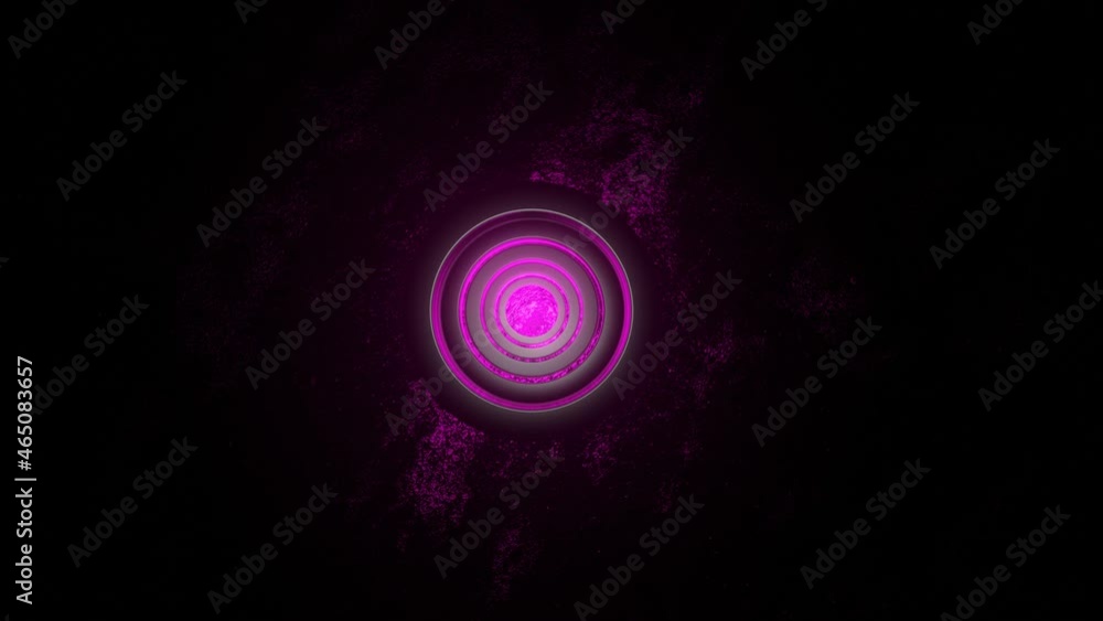 Poster metallic silvery rings of different sizes rotate in a purple glow on a dark metallic background. 3d 