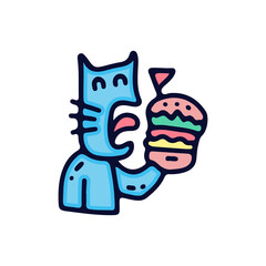 Hungry cat eat burger. illustration for t shirt, poster, logo, sticker, or apparel merchandise.