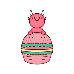 Adorable red devil cartoon with burger. Perfect for Nursery kids, greeting card, baby shower girl, fabric design.