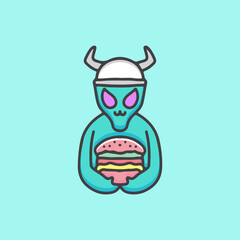 cute Viking alien with burger cartoon, illustration for stickers and t shirt.