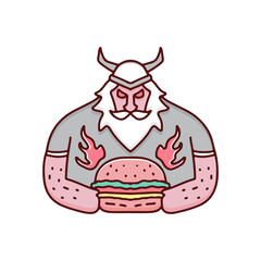 Cool bearded Viking with fire burger, illustration for stickers and t shirt.