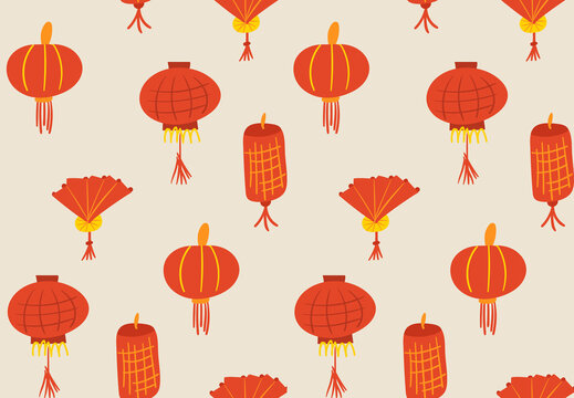 Seamless pattern in asian style with lanterns and fan. Vector colorful background