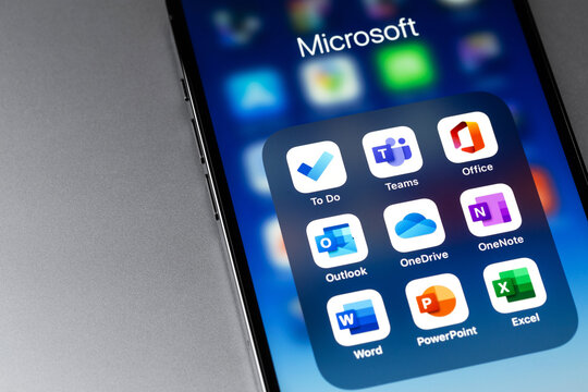 Microsoft services - To Do, Office and other mobile apps on screen smartphone iPhone closeup. Microsoft Corporation is an American multinational technology company. Moscow, Russia - August 15, 2021