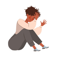 Stressed scared female employee sitting on floor in office vector illustration