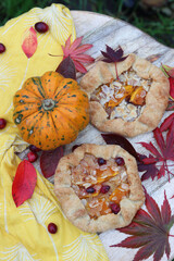 Mini pumpkin pies on a table. Top view photo with autumn pastry and seasonal vegetables. Food still life photo. 