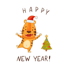 Happy New Year. Cute little tiger in Santa Claus hat decorating Christmas tree. Adorable baby animal character cartoon vector illustration