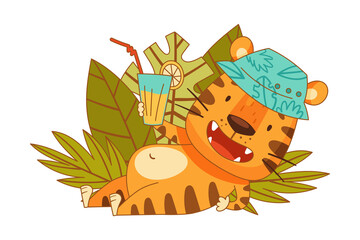 Cute little tiger having summer vacation. Adorable baby animal character cartoon vector illustration
