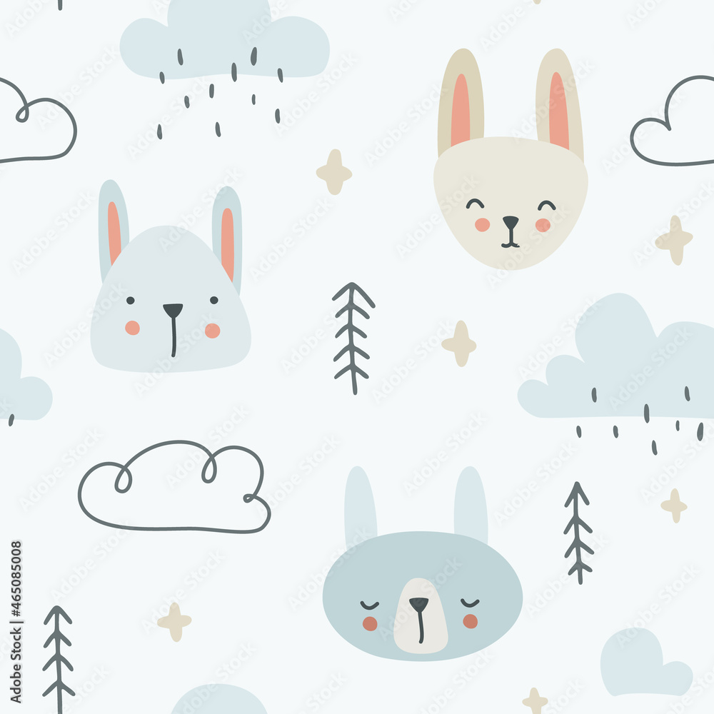 Wall mural cute doodle scandinavian bunny pattern with forest tree and rain clouds. seamless texture for textil