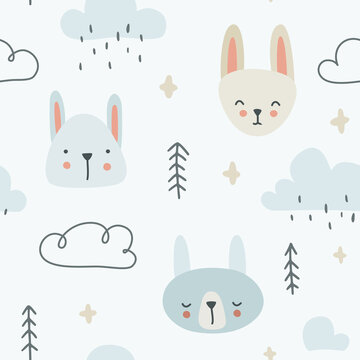 Cute doodle scandinavian bunny pattern with forest tree and rain clouds. Seamless texture for textile, fabric, apparel, wrapping, paper, stationery, nursery.