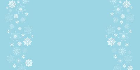 Vector. Elegant blue Christmas background with various white snowflakes. Festive banner, frame from golden snowflakes. Copy space for text. Merry Christmas and Happy New Year. Light background.