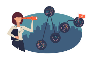 Business analytics concept. Woman watching spyglass. Hype cycle illustration. Predicting sales opportunities. Sales Forecasting.