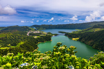 Beautiful view of Seven Cities Lake "Lagoa das Sete Cidades" from Vista do Rei viewpoint in São Miguel Island, Azores, Portugal. Lagoon of the Seven Cities, Sao Miguel island, Azores, Portugal.