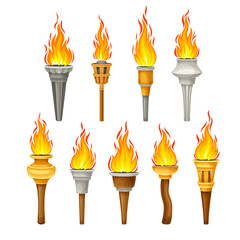 Torch with Brightly Burning Fire on Top as Ignited Light Source Vector Set