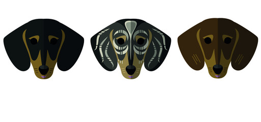 Vector illustration of dogs heads of the  smooth-haired dachshund breed with three different colors: Black and tan, marble, brown. It can be used for decoration, textiles, icons, souvenirs, studies.