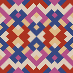 Abstract seamless pattern. Mosaic texture for textile, clown, carpeting, warp, book cover, clothes. Vector geometric background of triangles in violet and red colors