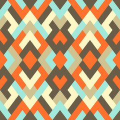 Abstract seamless pattern. Mosaic texture for textile, clown, carpeting, warp, book cover, clothes. Vector geometric background of triangles in prange, blue and brown colors