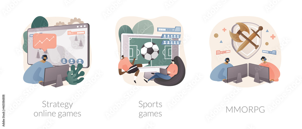 Poster playing computer games abstract concept vector illustrations.