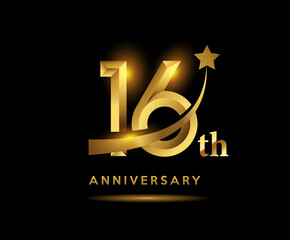 Golden 16 year anniversary celebration logo design with star symbol - obrazy, fototapety, plakaty
