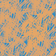 Painterly hessian fiber texture vector seamless pattern background. Backdrop with fabric style fragments of blue and orange yarn strands. Criss cross grid cotton weave material repeat
