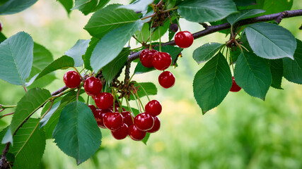 Ripe red cherry berries and green foliage on tree branches, in sunlight, close-up photography