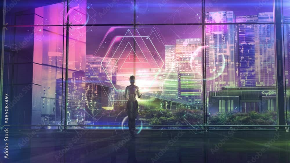 Poster science fiction plot with robot and infographics, 3d render.