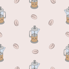 Seamless pattern with cute coffee attributes in pastel colors - vector illustration, eps stock illustration