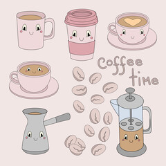 Set of cute coffee attributes in pastel colors - vector illustration, eps stock illustration, isolated design elements