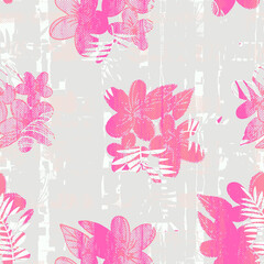Abstract seamless pattern with linen woven texture texture, colorful tropical flowers silhouette. Contemporary collage art. Modern vector illustration for fabric, wrapping texture, textile, wallpaper