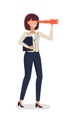 Business woman watching spyglass, business vision concept, future forecast.