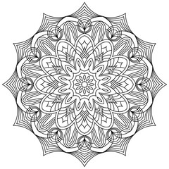 Contour drawing of a mandala on a white background.