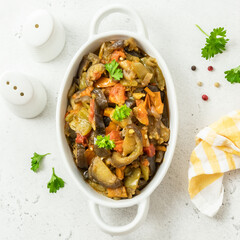 Mushroom vegetable saute in baking dish. Space for text, top view