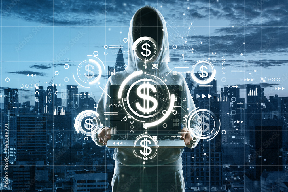 Poster hacker in hoodie holding tablet with glowing digital american dollar interface hologram on blurry ni
