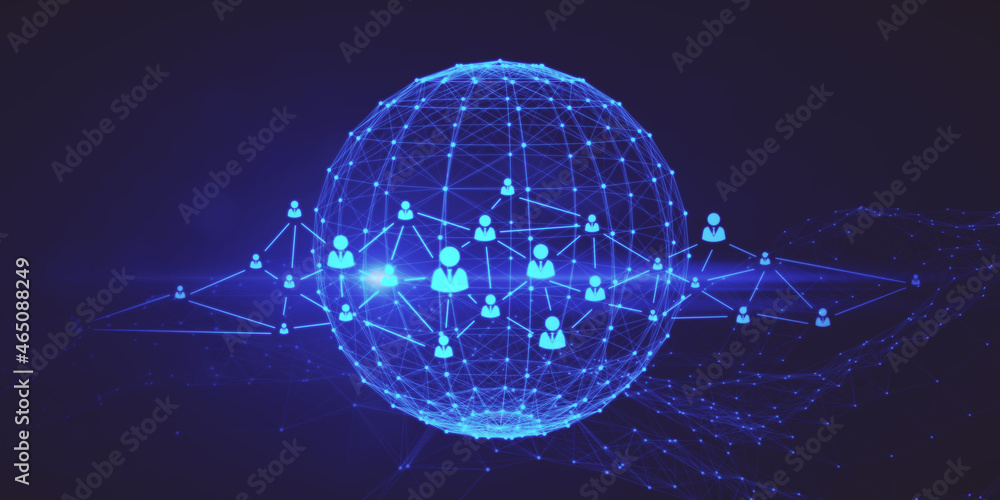 Poster abstract glowing blue grid globe with people icons on dark background. social media, networking, com
