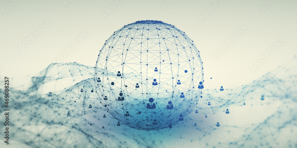 Poster Abstract glowing blue grid globe with people icons on light background. Social media, networking, communication and connection concept. 3D Rendering.