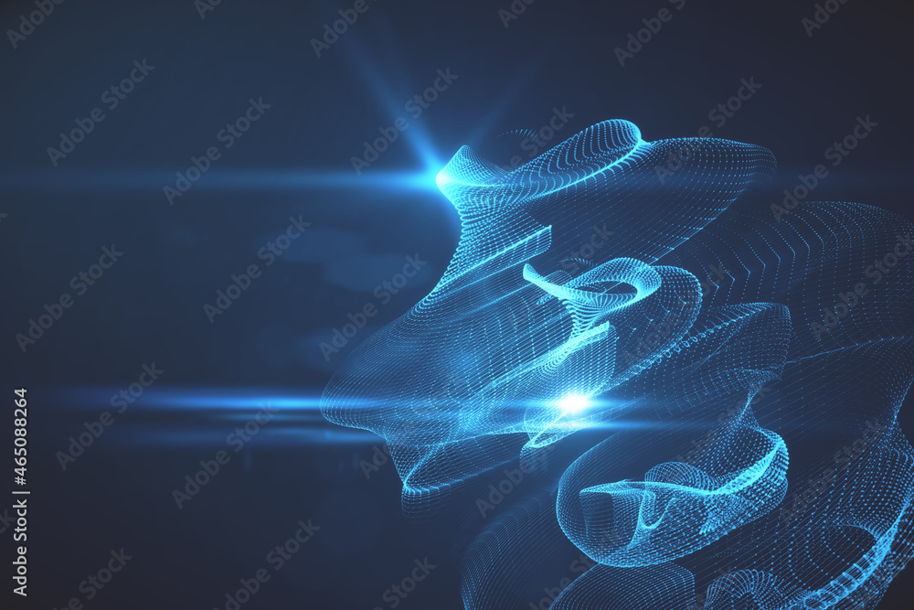 Poster Abstract digital swirl data blue background. Landing page and technology concept. 3D Rendering.