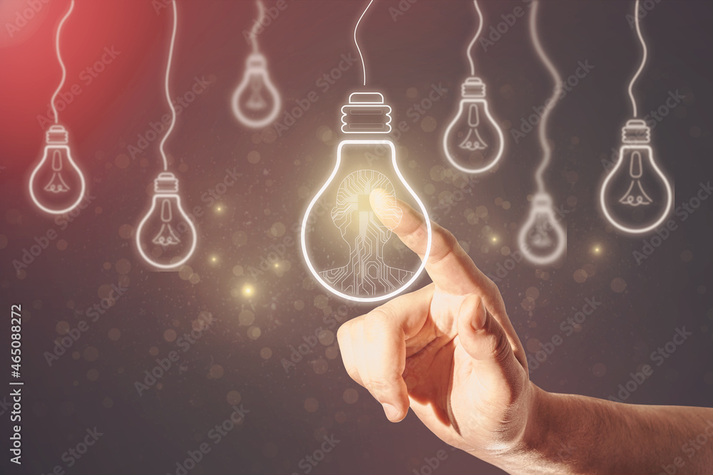 Aufkleber Hands pointing at abstract light bulbs on dark background with circuit man. Artificial intelligence, idea, technology and innovation concept.