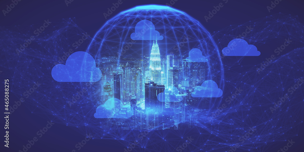 Aufkleber creative polygonal sphere with clouds and city on wide blue background. technology, network and futu