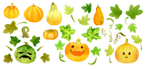 Cute pumpkins with leaves, different emotions. Watercolor illustration. Charming pumpkin characters for stickers, cards, design and children's illustrations. Objects isolated on white background