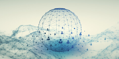 Abstract glowing blue grid globe with people icons on light background. Social media, networking, communication and connection concept. 3D Rendering.