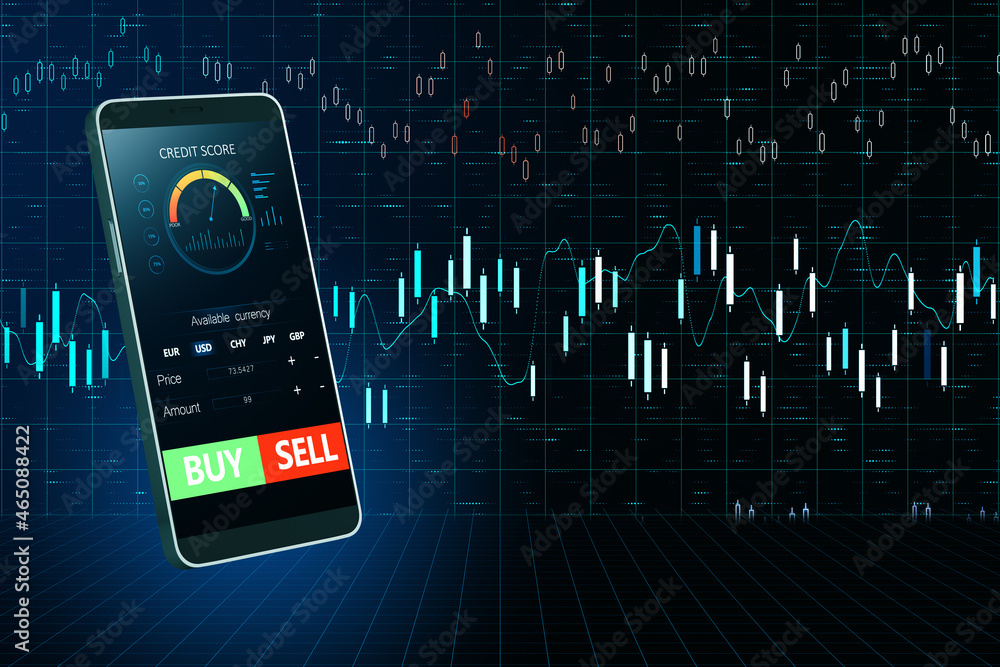 Poster Close up of smart phone with forex chart and sell, buy buttons on dark background. Stock exchange, cryptocurrency, market and global fund information concept. 3D Rendering.