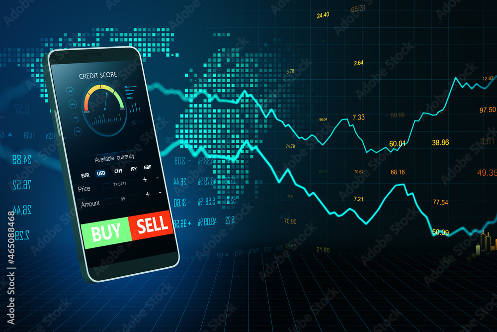 Poster close up of cell phone with forex chart and sell, buy buttons on dark background. stock exchange, cr